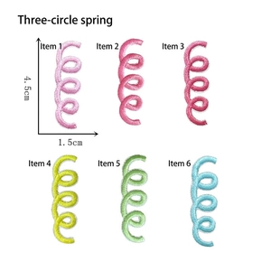 Detail of six colorful spring spiral embroidery patches with dimensions 4.5cm x 1.5cm