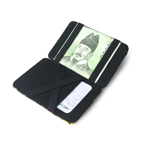 Minimalist black PU leather magic wallet with elastic straps for cash and card storage
