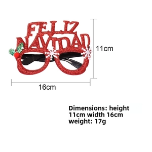 Detail view of red glitter Feliz Navidad Christmas party glasses with size dimensions