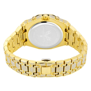 Detailed back view of diamond-encrusted quartz watch with stainless steel case and fold clasp