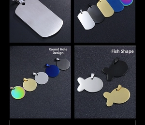 Detailed grid view of blank stainless steel dog tags in silver, gold, black and blue colors