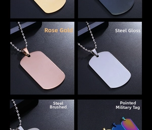 Detailed view of stainless steel dog tags in rose gold and polished steel finishes