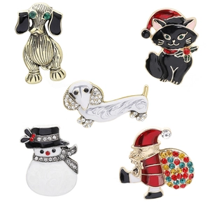 Christmas enamel brooches set featuring Santa, snowman, and reindeer dog figures