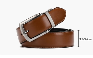 Brown leather belt with silver rotating buckle, showing professional 3.3-3.4cm width detail
