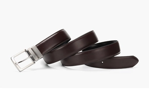 Detail of dark brown leather belt with sleek silver metal buckle on white background