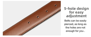 Detail of genuine leather brown belt featuring five-hole adjustment and fine stitching