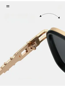 Close-up of durable golden metal hinges on square black sunglasses with screw mechanism