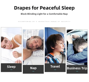 Polyester sleep mask usage scenes showing deep sleep, travel, office nap, and business trip