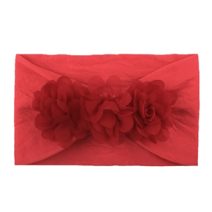 Red nylon headband with three soft chiffon flowers for infants and toddlers