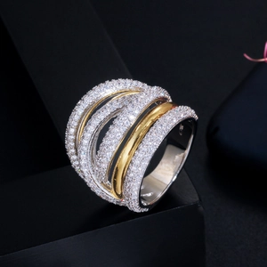 Luxurious multi-layer crossover ring with silver-gold plating and micro-pave zircons