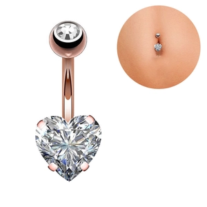 Rose gold belly button ring featuring a sparkling heart-shaped cubic zirconia gemstone