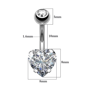Silver heart-shaped zircon belly button ring with dimensions showing 8mm stone and 1.6mm bar