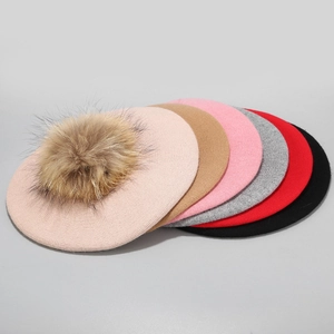 Chic wool blend knit berets for women featuring a large fluffy faux fur pompom in six colors