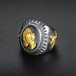 Vintage stainless steel prayer hands ring with golden birds on a silver band for men