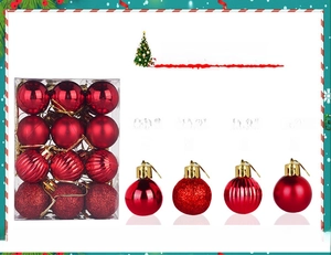Detail of 24 red Christmas balls in shiny, matte, glitter and ribbed finishes