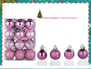 Pink Christmas ornaments set with glossy, glitter, pumpkin, and matte finishes, 24 pieces