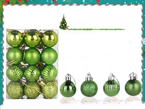 Detail of 24pcs fruit green Christmas ornaments in shiny, matte, glitter and ribbed finishes