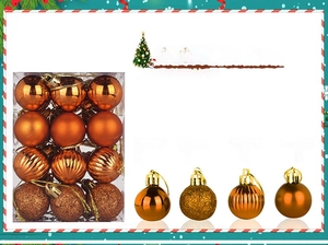 Coffee-colored Christmas balls set featuring glossy, matte, glitter, and pumpkin textures