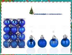 Detailed view of 24 blue Christmas baubles with glitter, matte, and glossy finishes