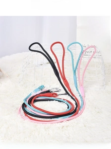 Détail de laisses en nylon tressé pour chiens avec clips métalliques en quatre couleurs