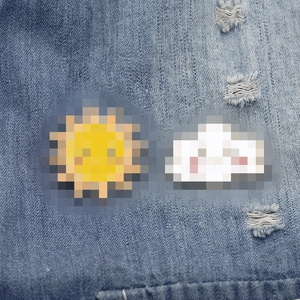 Creative cartoon sun and cloud embroidery on blue distressed denim fabric pin accessory