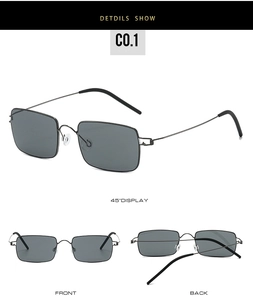 Detailed views of minimalist screwless square sunglasses with ultra-light metal frame