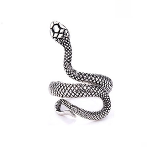 Retro silver snake open ring with detailed scale texture and minimalist wrap design