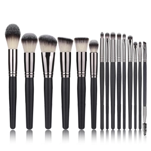 Detailed view of 15 pieces matte black makeup brush set with silver ferrules on white background