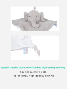 Detail of baby elephant comforter showing soft plush fabric and colorful ribbon tags
