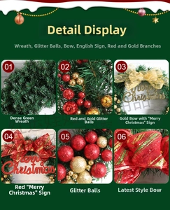 Detail view of PVC Christmas wreath with red berries, golden bows and Merry Christmas signs