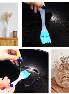 Blue silicone basting brush used with heart shaped egg mold on a black frying pan