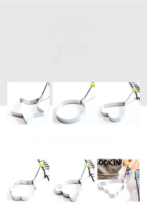Detailed set of multi-shape stainless steel egg molds with green anti-scald handles