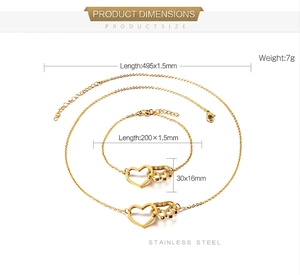 Maßangaben für das goldene Edelstahl-Set aus Halskette und Armband mit Herz und Pfote