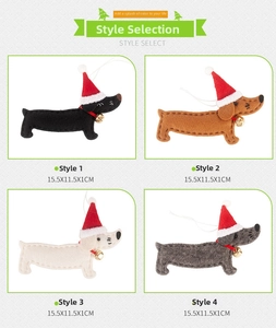 Set of four cute felt dachshund dog Christmas ornaments in various colors with santa hats