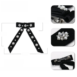 Large black velvet bow hair clip with snowflake crystal and pearl detailing, size 15x15cm