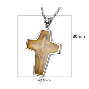 316L stainless steel cross pendant with yellow resin skull inlay, 80mm x 48.5mm