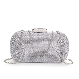 Silver woven texture evening clutch bag with rectangular metal clasp and chain strap