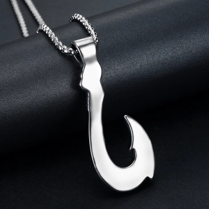 Vintage stainless steel fish hook pendant necklace for men with polished silver finish