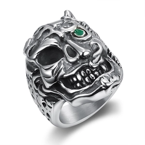 Stainless Steel Skull Ring Retro Punk Gothic Men Jewelry With Green Rhinestone Eyes