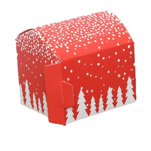 Red Christmas house-shaped paper gift box with white forest trees and snowflake patterns