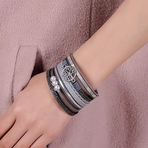 Multi-layer PU leather bracelet with Tree of Life charm, pearls, and Love Beyond Words print