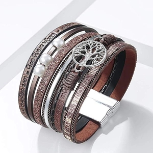Detail of multi-strand PU leather bracelet with Tree of Life charm and magnetic clasp