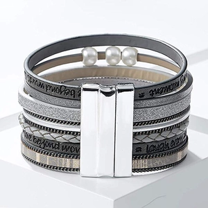 Multilayer leather wrap bracelet with white pearls and magnetic clasp in silver-grey