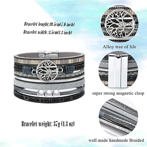 Multilayer leather bracelet with tree of life charm, pearls and magnetic clasp