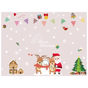Christmas window decals featuring Santa, snowman, reindeer and a gingerbread house