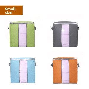 Detail view of small non-woven storage bags with clear windows in four vibrant colors