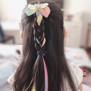 Unicorn rainbow bow hair clip with long colorful synthetic hair extension for girls