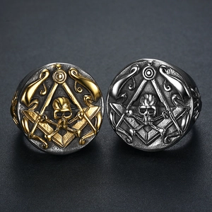 Vintage stainless steel Freemason skull ring with gold and silver punk design elements