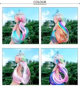 Detail showing four styles of unicorn bow hair clips with long colorful wig extensions