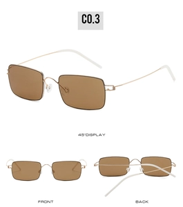 Detail view showing front and side angles of screwless gold metal rectangle sunglasses